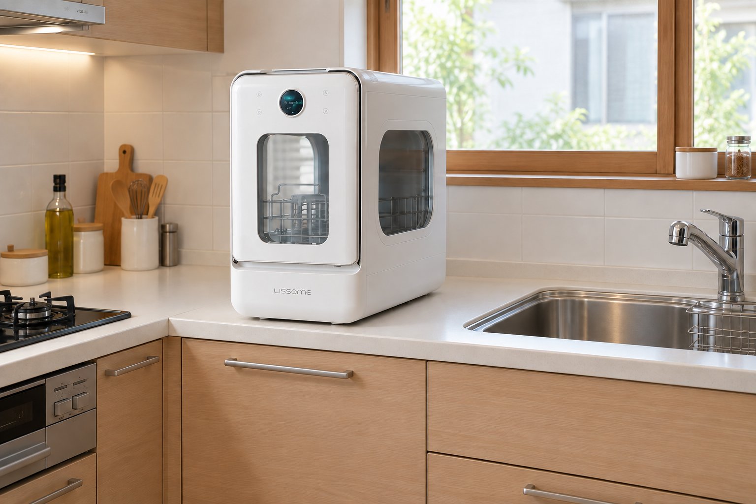 L型キッチンのコーナーに置かれたLISSOME J1